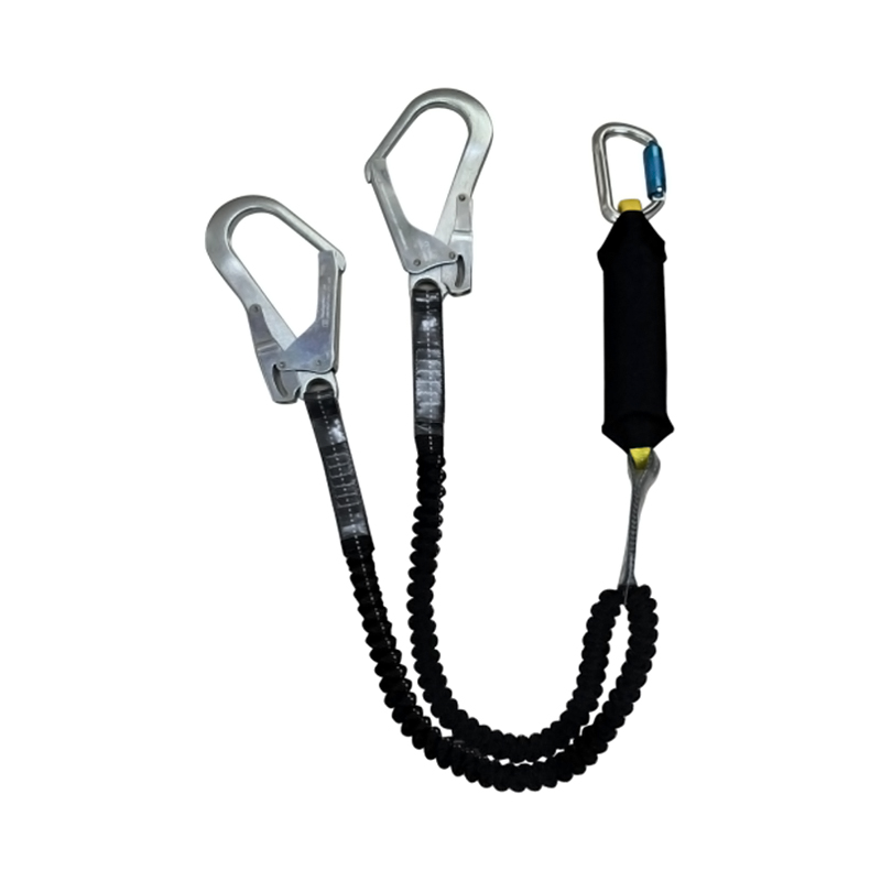 KA-L15 Fall Arrest Shock Absorber Double Lanyard na May Elastic Webbing，2 Scafford Hooks,1 Aluminum Carabiner